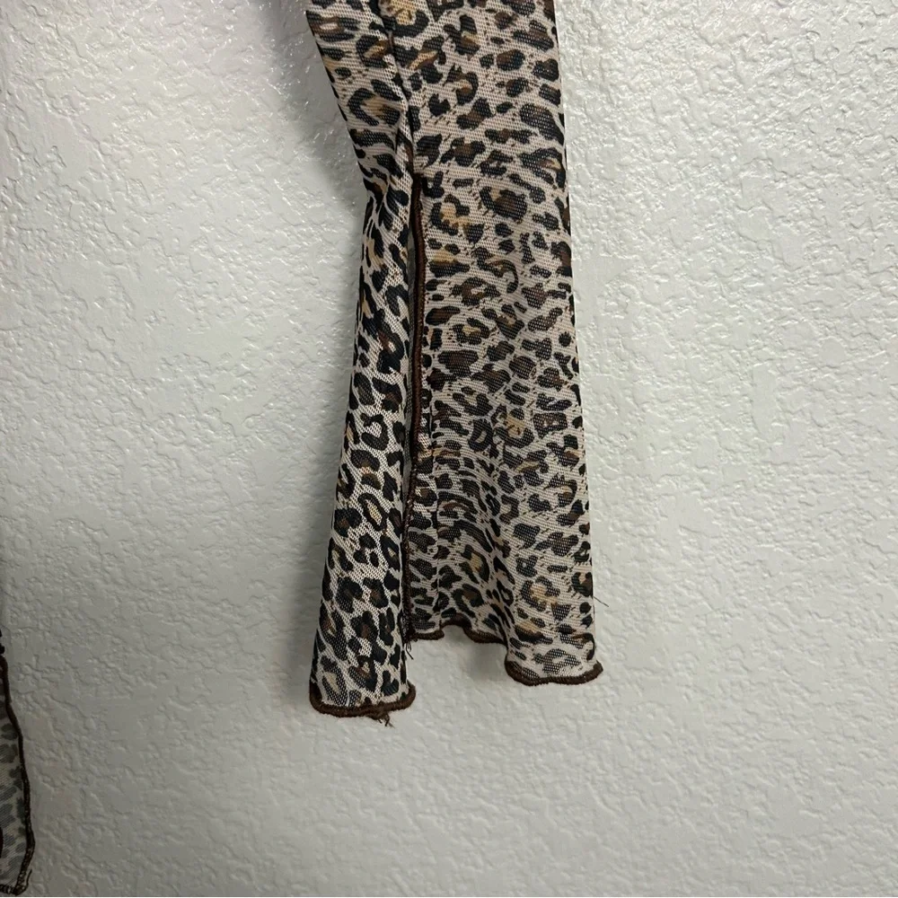 Sheer Mesh Cheetah Print Mock Neck Long Bell Sleeve Mini Dress Beach Cover Up